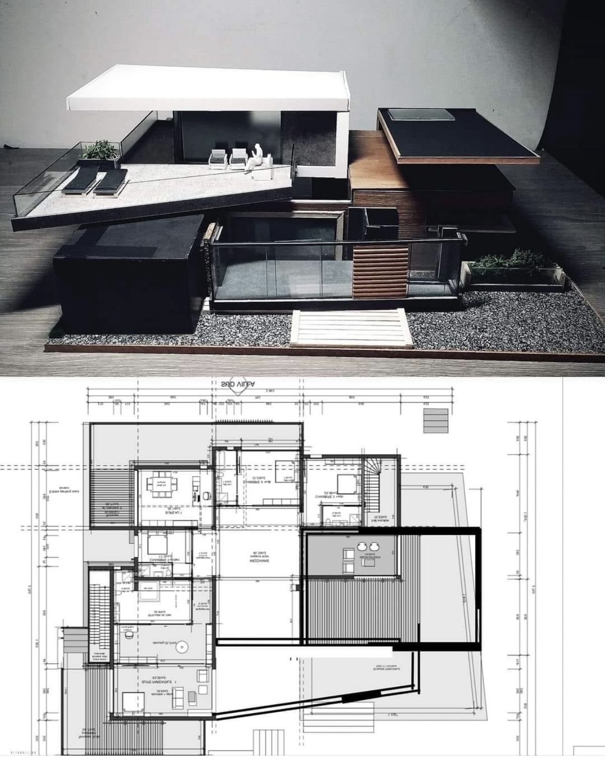 Maqueta arquitectónica y planta arquitectónica