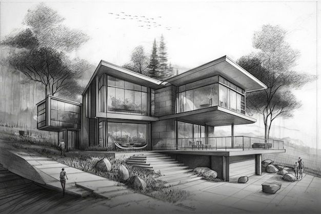 Sketch en grafito de vivienda moderna